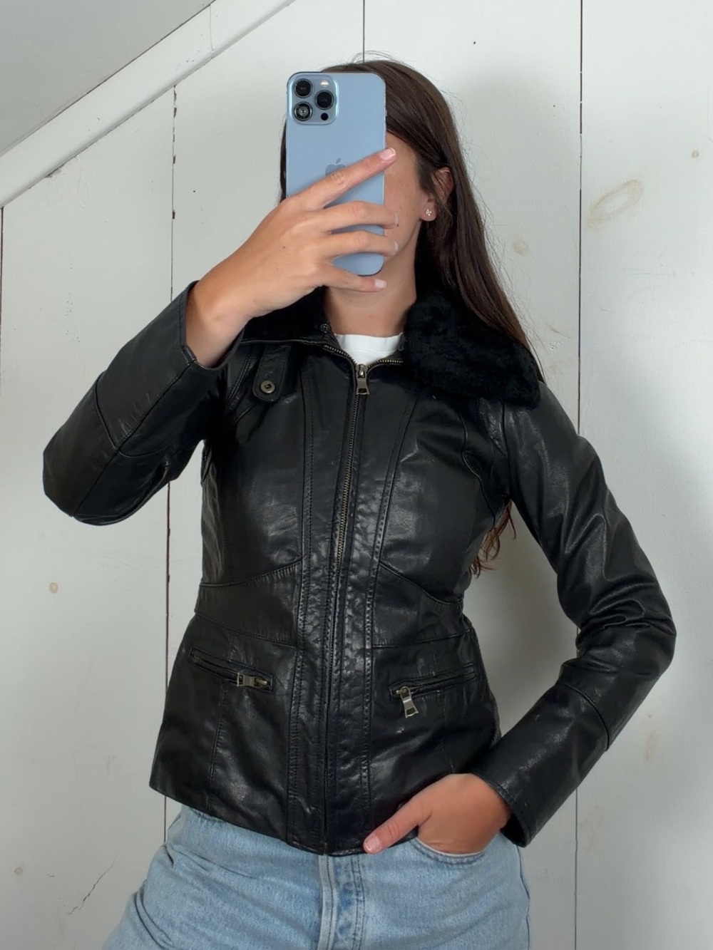 Banana Republic Black Leather Zip Up Jacket Women’s XS Removable Fur Collar